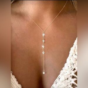 Gold Plated Stainless Steel Cubic Zirconia Lariat Drop Necklace